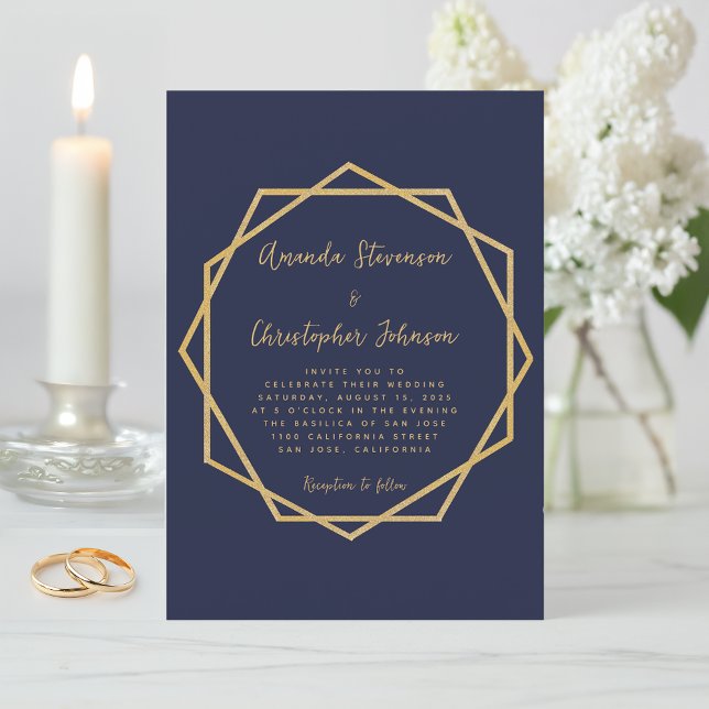 Modern Geometric Navy Blue & Gold Elegant Wedding Invitation (Creator Uploaded)