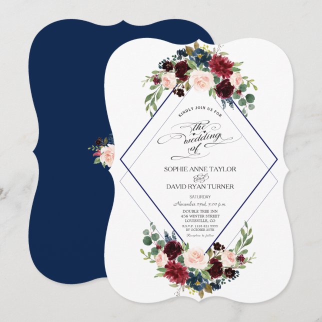Modern Geometric Navy Burgundy Floral Wedding Invitation (Front/Back)