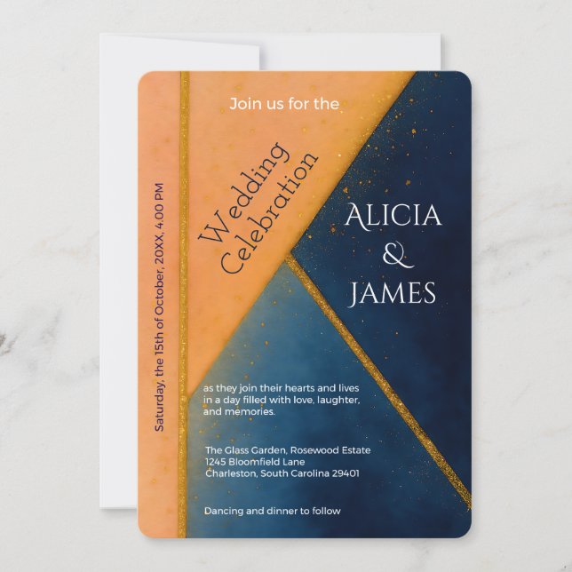 Modern Geometric Navy Coral Wedding  Invitation (Front)