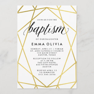 Modern Geometric on White Baptism   Faux Gold Look Invitation