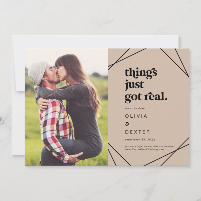 Modern Geometric Orange Things Just Got Real Photo Save The Date (Front)