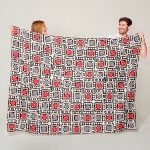 modern geometric pattern art deco grey red, beige  fleece blanket