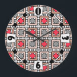 modern geometric pattern art deco grey red, beige  large clock<br><div class="desc">modern geometric pattern art deco grey red,  beige 
modern ,  deco ,  art ,  geometry ,  retro ,  decor ,  geometric , pattern , art deco ,  grey ,  red ,  beige ,  retro ,  sixties ,  fashionable</div>