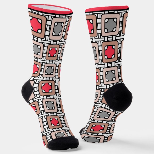 modern geometric pattern art deco grey red, beige  socks (Angled)