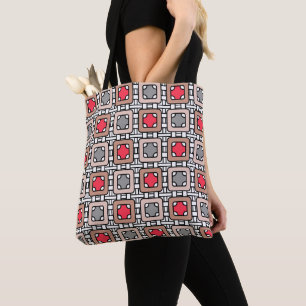 modern geometric pattern art deco grey red, beige  tote bag