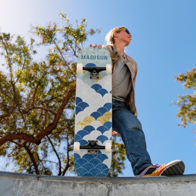 Modern Geometric Pattern Blue Gold Custom Name Skateboard (Outdoor 1)