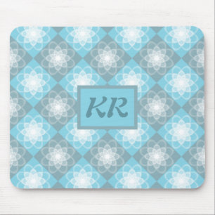 Modern Geometric Pattern Blue & Grey Monogram Mouse Mat