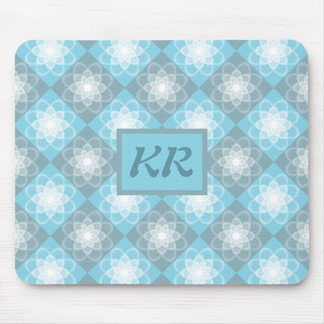 Modern Geometric Pattern Blue & Grey Monogram Mouse Mat (Front)
