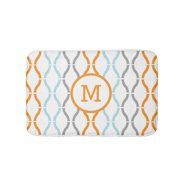 Modern Geometric Pattern Blue Grey & Orange Bath Mat (Front)