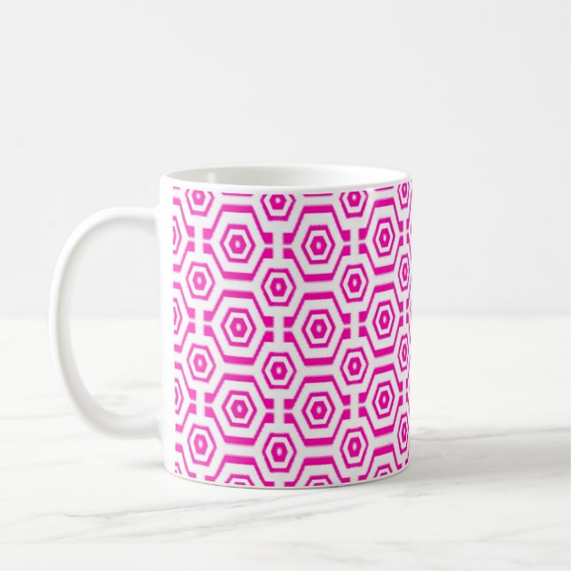 Modern Geometric Pattern Hexagons Hot Pink White Coffee Mug (Left)