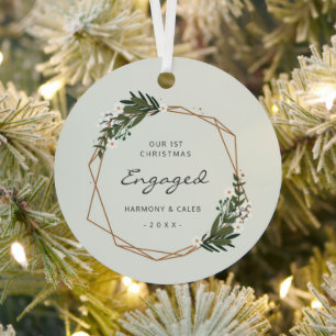 Modern Geometric Photo Our First Christmas Engaged Metal Tree Decoration