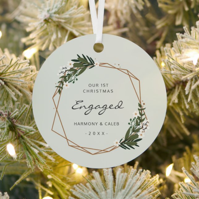 Modern Geometric Photo Our First Christmas Engaged Metal Tree Decoration (Insitu)