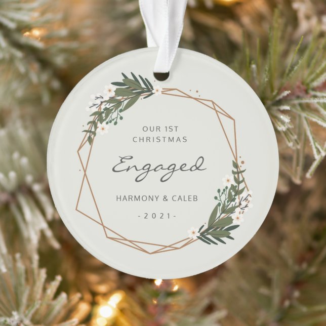 Modern Geometric Photo Our First Christmas Engaged Ornament (Tree)
