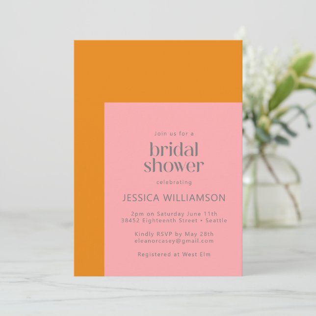 Modern Geometric Pink and Orange Bridal Shower Invitation (Standing Front)