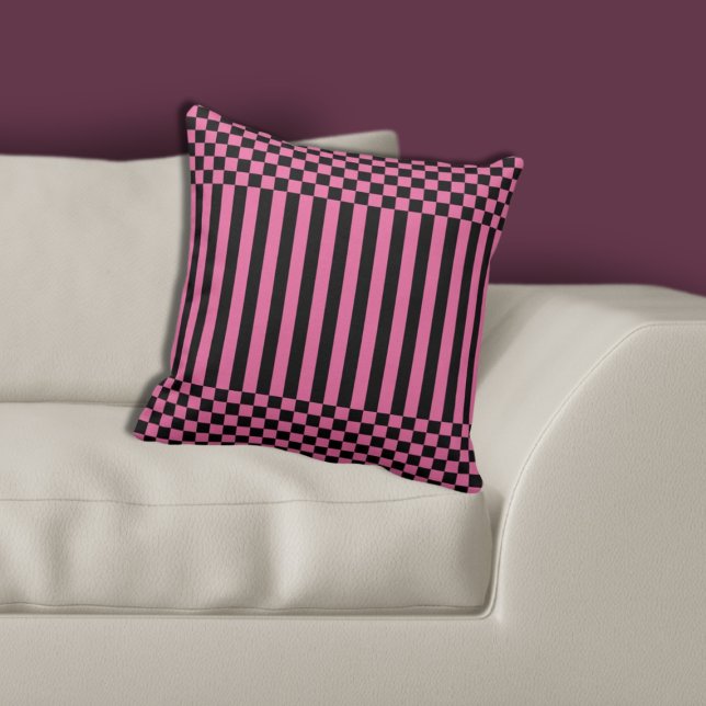 Modern Geometric Pink & Black Stripes & Chequered Cushion (Modern Geometric Pink & Black Stripes & Checker Throw Pillow Living Room)