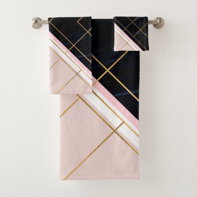 Modern Geometric Pink Gold Strokes Design Bath Towel Set (Insitu)