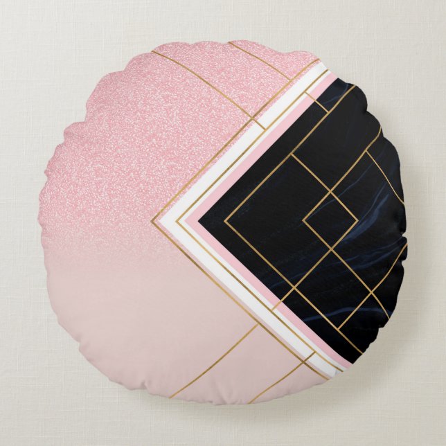 Modern Geometric Pink Gold Strokes Design Round Cushion (Front)