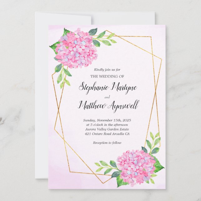 Modern Geometric Pink Hydrangea Wedding Invitation (Front)
