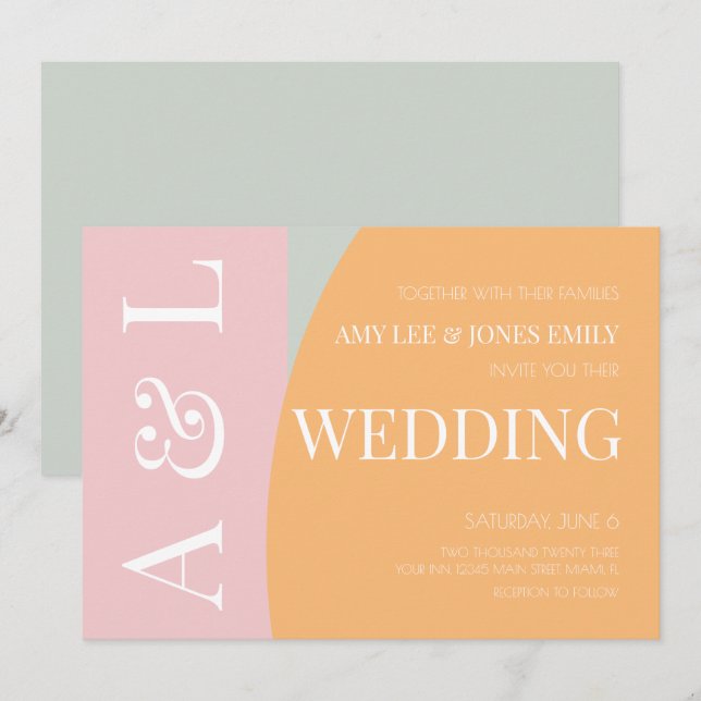 Modern Geometric Pink Mint Bright Wedding  Invitation (Front/Back)