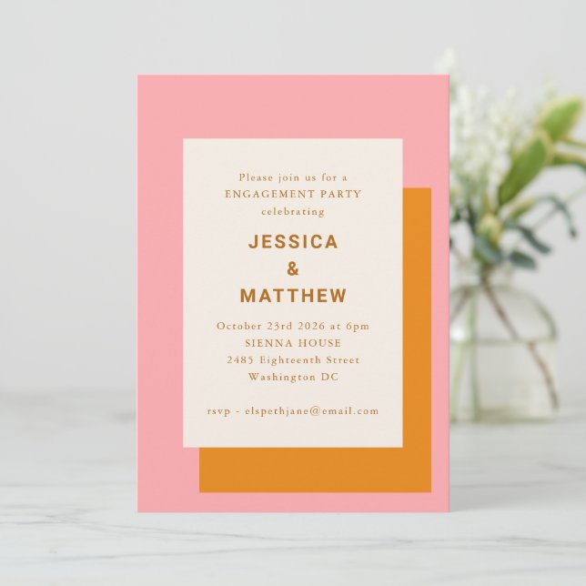 Modern Geometric Pink Orange Engagement Party Invitation (Standing Front)