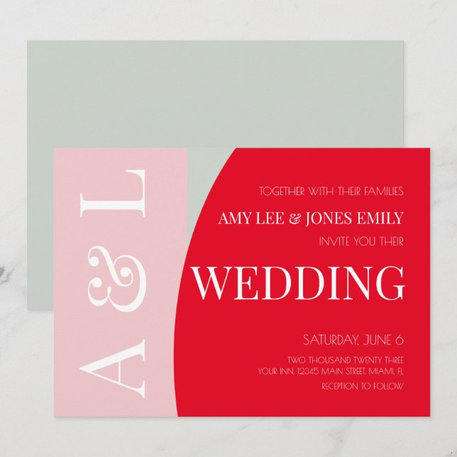 Modern Geometric Pink Red Bright Wedding  Invitation (Front/Back)