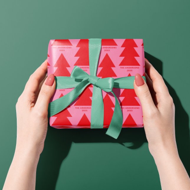 Modern geometric pink red Christmas tree graphic Wrapping Paper (Creator Uploaded)