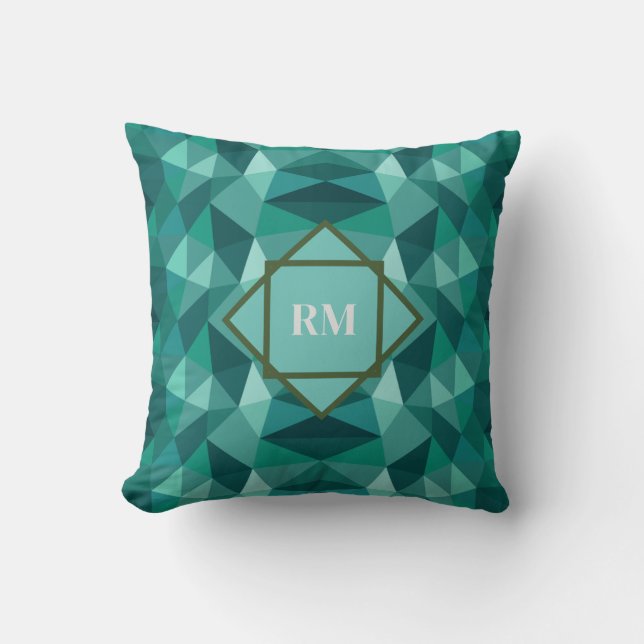 Modern Geometric Polygon Teal Turquoise Monogram  Cushion (Front)