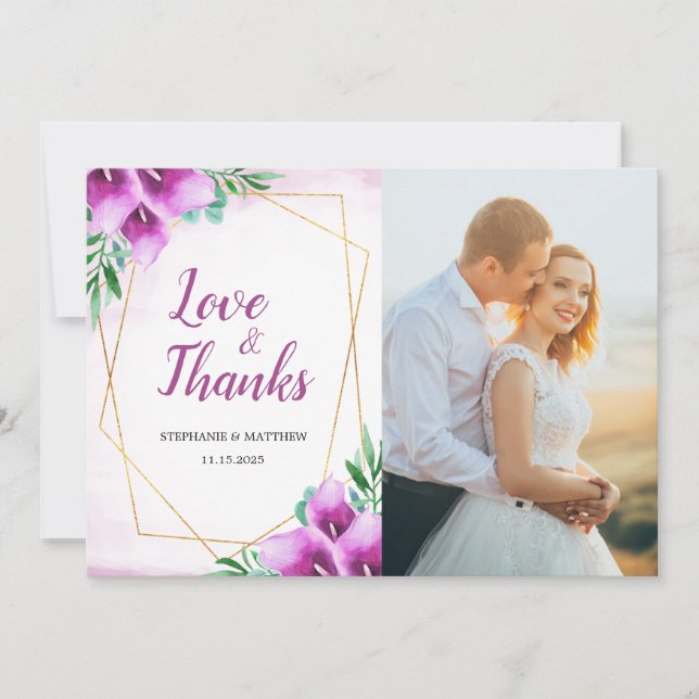 Modern Geometric Purple Calla Lily Wedding Photo Thank You Card (Front)