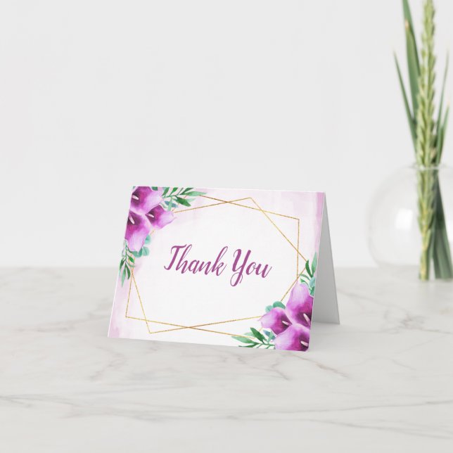 Modern Geometric Purple Calla Lily Wedding Thank You Card (Front)