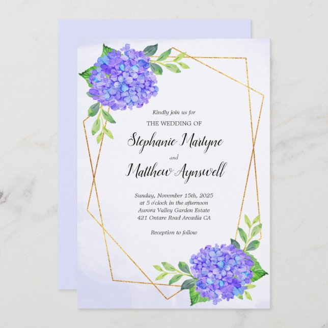 Modern Geometric Purple Hydrangea Wedding Invitation (Front/Back)