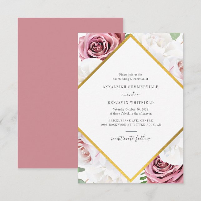 Modern Geometric Rose Gold Botanical Wedding Invitation (Front/Back)