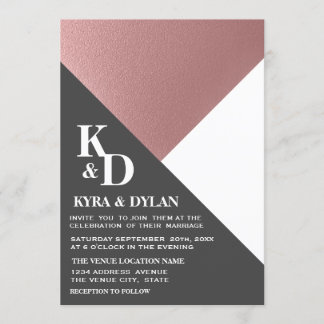 Modern Geometric Rose Gold & Charcoal Grey Wedding Invitation