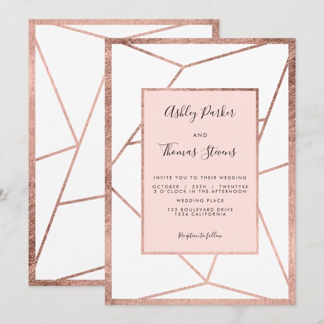 Modern geometric rose gold terrarium blush wedding invitation (Front/Back)