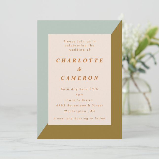 Modern Geometric Sage Gold Elegant Wedding Invitation (Standing Front)