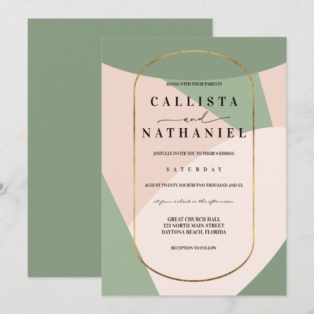 Modern Geometric Sage Green Dusty Pink Wedding Invitation (Front/Back)