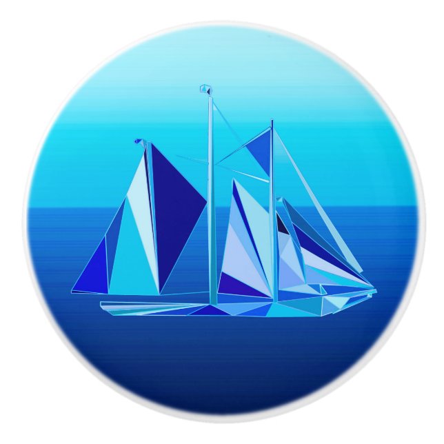 Modern Geometric Sailboat / Yacht, Cobalt Blue Ceramic Knob (Front)