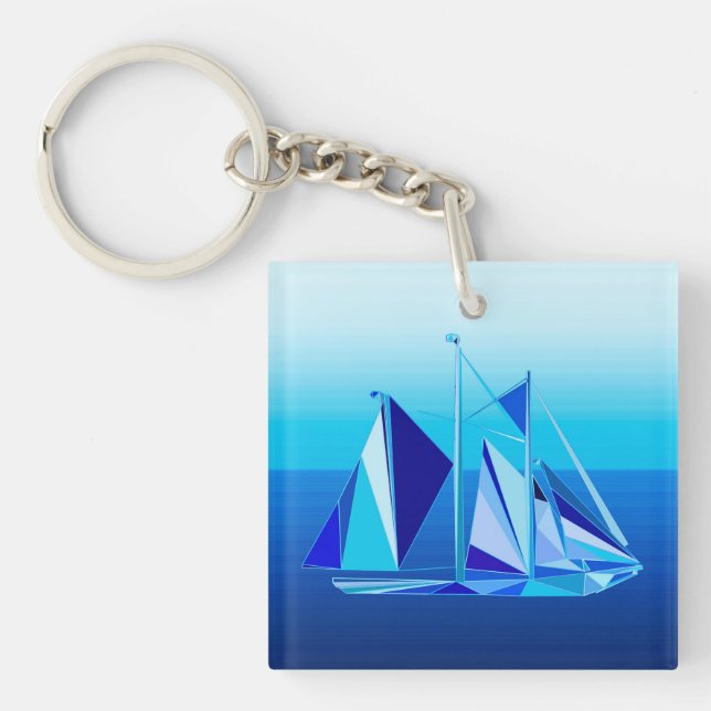 Modern Geometric Sailboat / Yacht, Cobalt Blue Key Ring (Front)
