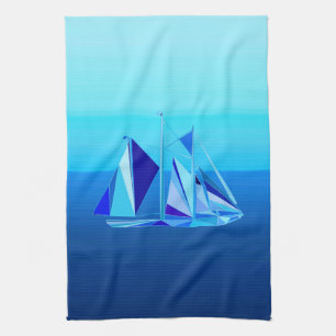 Modern Geometric Sailboat / Yacht, Cobalt Blue Tea Towel