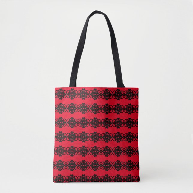 Modern geometric shapes on black & red tote bag (Front)