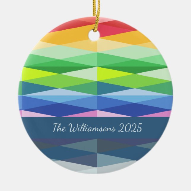 Modern Geometric Shapes Rainbow Personalised Ceramic Tree Decoration (Front)