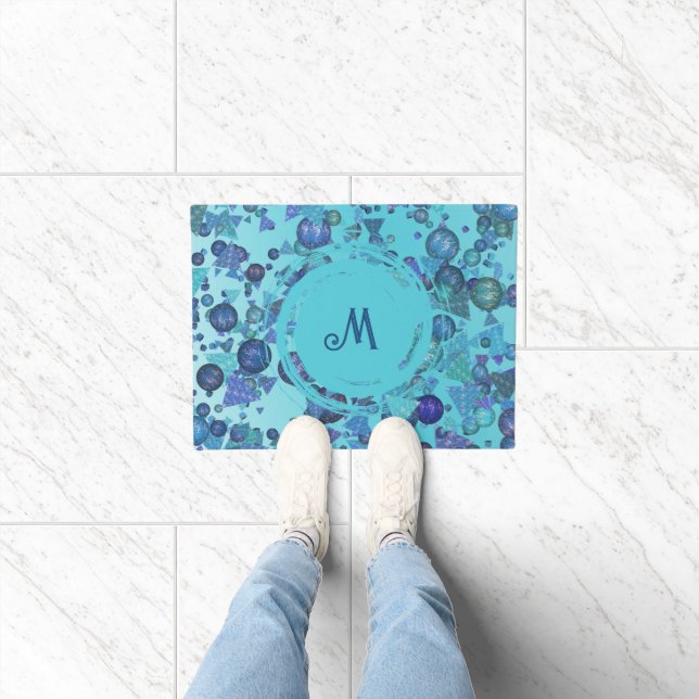 Modern geometric shapes with monogram in blue doormat (Indoor)