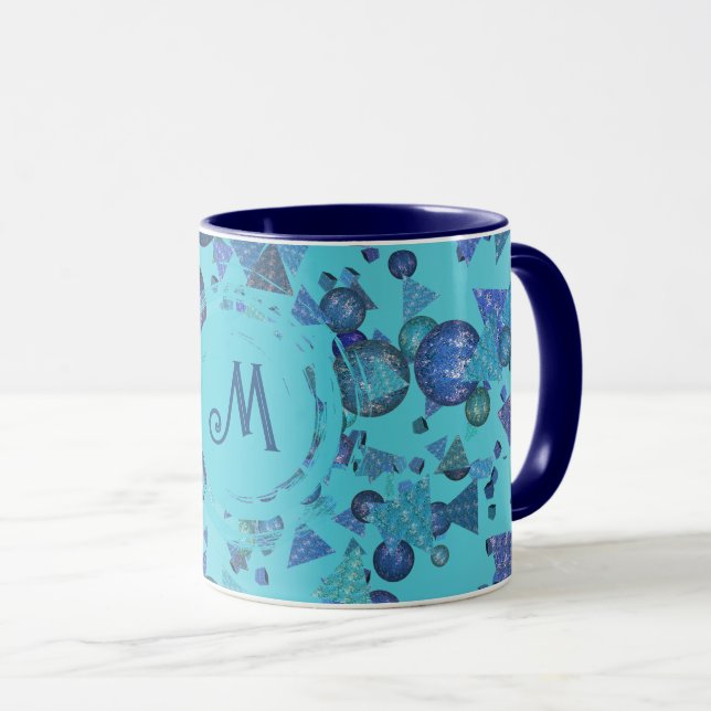 Modern geometric shapes with monogram in blue mug (Front Right)