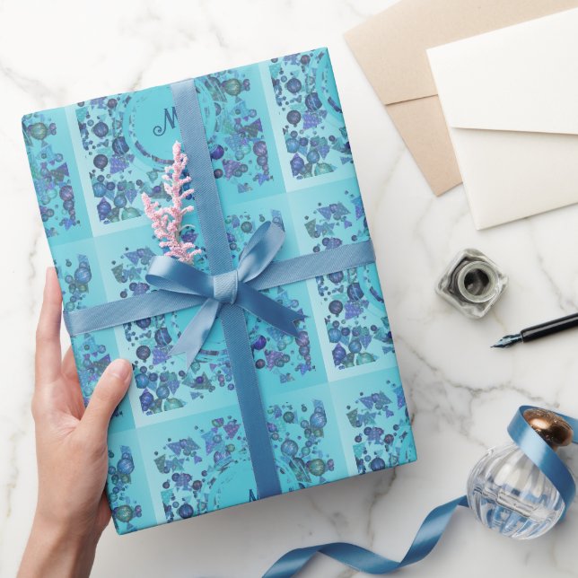 Modern geometric shapes with monogram in blue wrapping paper (Gifting)