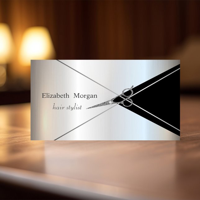Modern Geometric Silver Stripes Glitter Scissors Business Card (Creator Uploaded)