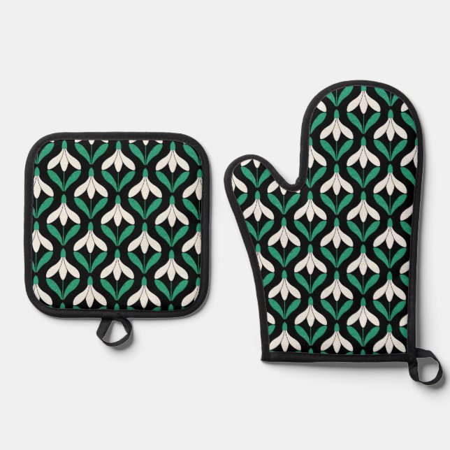 Modern geometric snowdrop oven mitt & pot holder set (Front)