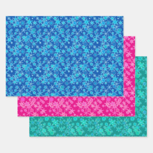 Modern Geometric Snowflakes, Blue, Pink,Turquoise  Wrapping Paper Sheet