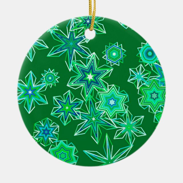 Modern Geometric Snowflakes, Emerald Green  Ceramic Tree Decoration (Front)