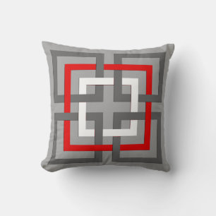 Modern Geometric Squares, Grey, Red and White Cushion
