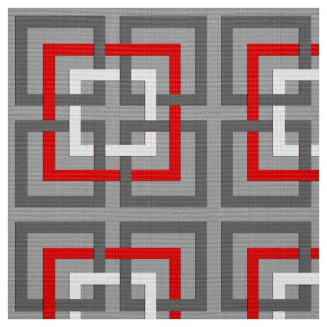 Modern Geometric Squares, Grey, Red and White Fabric (Swatch)