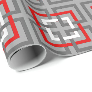 Modern Geometric Squares, Grey, Red and White Wrapping Paper